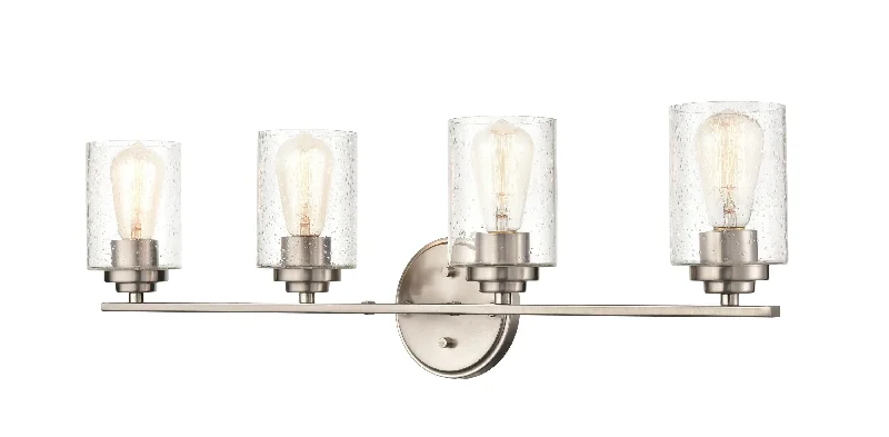 Durable Industrial Lighting for Harsh Environments4 Lamps Bathroom Vanity Light - Satin Nickel - Clear Seeded Glass - 31.125in. Wide Durable Industrial Lighting for Harsh Environments4 Lamps Bathroom Vanity Light - Satin Nickel - Clear Seeded Glass - 31.125in. Wide