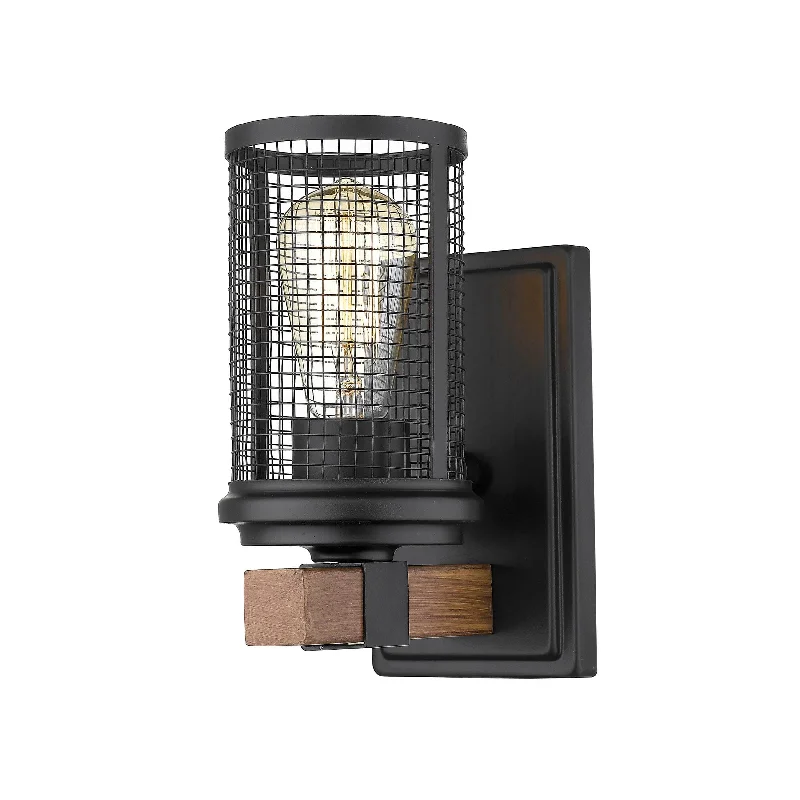 Industrial Area Lighting for Large Open SpacesMesa Wall Sconce - Matte Black / Wood Grain - Metal Wire Mesh - 6in. Extension - E26 Medium Base Industrial Area Lighting for Large Open SpacesMesa Wall Sconce - Matte Black / Wood Grain - Metal Wire Mesh - 6in. Extension - E26 Medium Base