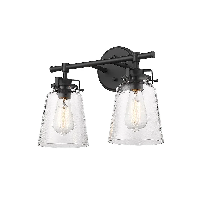 Industrial Lighting for Electronics Manufacturing2 Lamps Amberose Vanity Light - Matte Black - Clear Hammered Glass - 15.9in. Wide