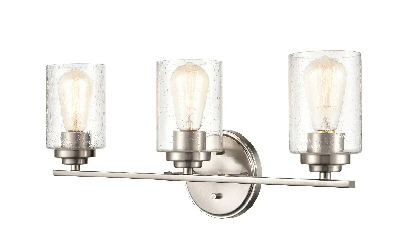 Durable Industrial Lighting for Harsh Environments3 Lamps Bathroom Vanity Light - Satin Nickel - Clear Seeded Glass - 22in. Wide Durable Industrial Lighting for Harsh Environments3 Lamps Bathroom Vanity Light - Satin Nickel - Clear Seeded Glass - 22in. Wide