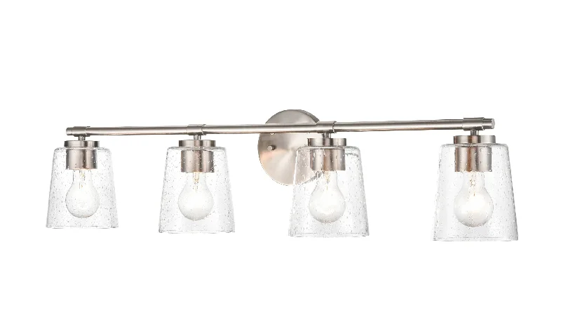 Industrial Lighting for Pharmaceutical Manufacturing4 Lamps Bathroom Vanity Light - Brushed Nickel - Clear Seeded Glass - 34in. Wide Industrial Lighting for Pharmaceutical Manufacturing4 Lamps Bathroom Vanity Light - Brushed Nickel - Clear Seeded Glass - 34in. Wide