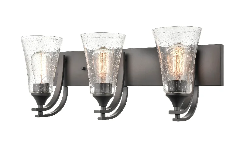 Industrial Exit Sign Lighting for Quick Evacuation3 Lamps Natalie Vanity Light - Matte Black - Clear Seeded Glass - 24in. Wide Industrial Exit Sign Lighting for Quick Evacuation3 Lamps Natalie Vanity Light - Matte Black - Clear Seeded Glass - 24in. Wide