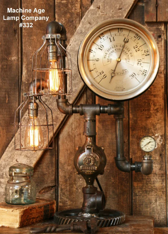 Industrial Lighting for Automotive Manufacturing PlantsSteampunk Lamp, Antique 9" Steam Gauge and Gear Base #332 - SOLD Industrial Lighting for Automotive Manufacturing PlantsSteampunk Lamp, Antique 9" Steam Gauge and Gear Base #332 - SOLD