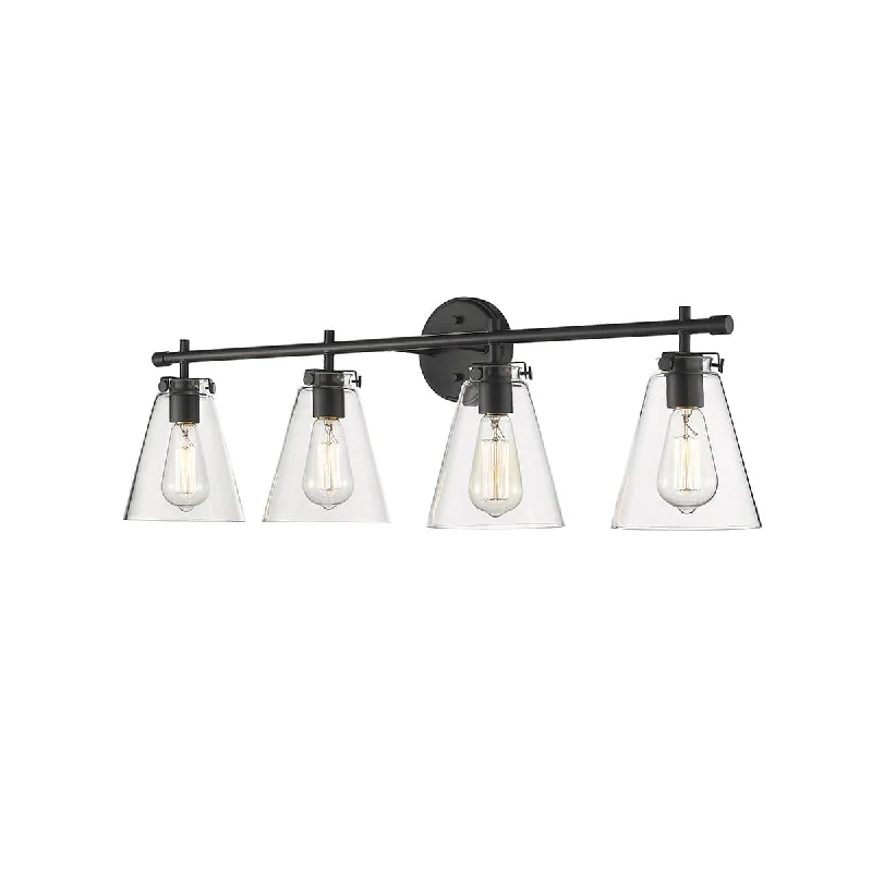 Industrial Lighting for Metal Fabrication Shops4 Lamps Aliza Vanity Light - Matte Black - Clear Glass - 35in. Wide Industrial Lighting for Metal Fabrication Shops4 Lamps Aliza Vanity Light - Matte Black - Clear Glass - 35in. Wide