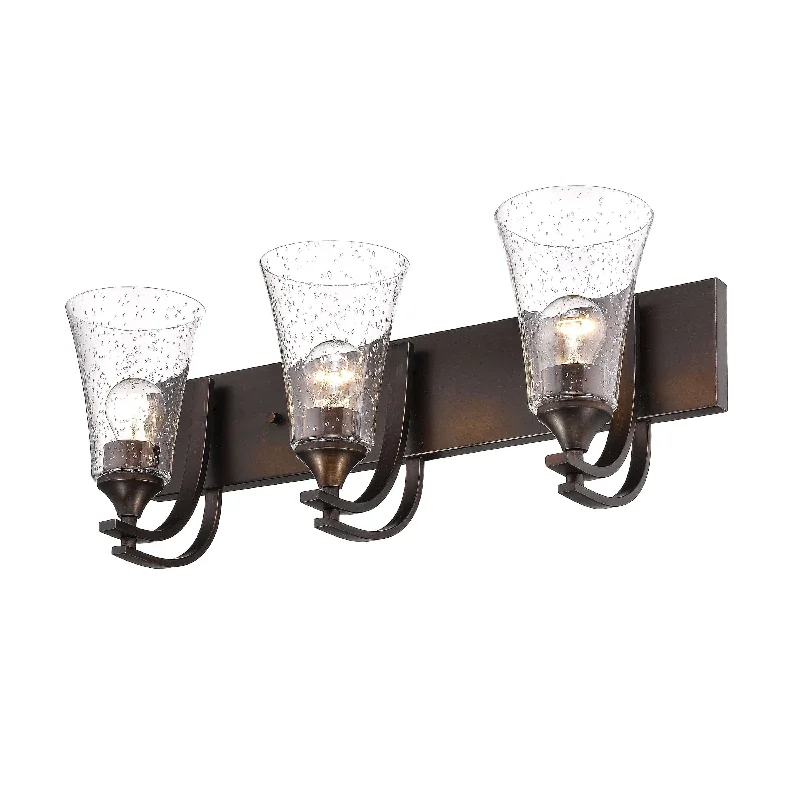 Industrial Lighting for Furniture Factories3 Lamps Natalie Vanity Light - Rubbed Bronze - Clear Seeded Glass - 24in. Wide Industrial Lighting for Furniture Factories3 Lamps Natalie Vanity Light - Rubbed Bronze - Clear Seeded Glass - 24in. Wide