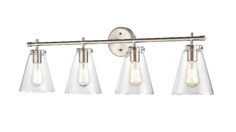 Industrial Exit Sign Lighting for Quick Evacuation4 Lamps Aliza Vanity Light - Brushed Nickel - Clear Glass - 35in. Wide Industrial Exit Sign Lighting for Quick Evacuation4 Lamps Aliza Vanity Light - Brushed Nickel - Clear Glass - 35in. Wide