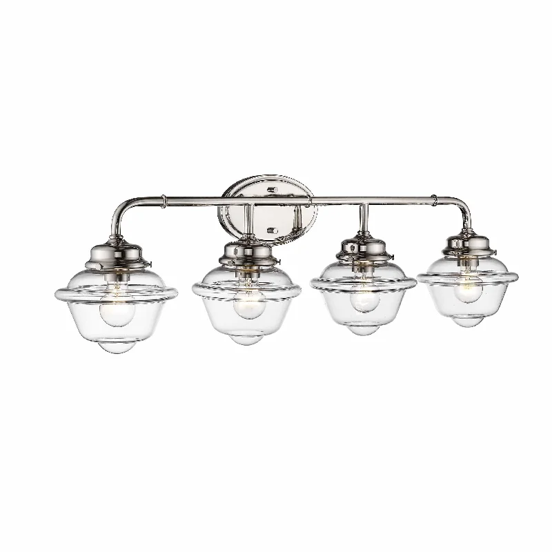 Industrial Lighting for Metal Fabrication Shops4 Lamps Neo-Industrial Vanity Light - Polished Nickel - Clear Schoolhouse Glass - 35.25in. Wide Industrial Lighting for Metal Fabrication Shops4 Lamps Neo-Industrial Vanity Light - Polished Nickel - Clear Schoolhouse Glass - 35.25in. Wide