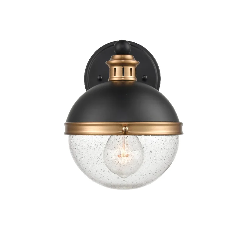 Industrial Flood Lighting for Outdoor Loading DocksEllmira Wall Sconce - Matte Black / Aged Brass - Clear Seeded Glass - 8.875in. Extension - E26 Medium Base Industrial Flood Lighting for Outdoor Loading DocksEllmira Wall Sconce - Matte Black / Aged Brass - Clear Seeded Glass - 8.875in. Extension - E26 Medium Base