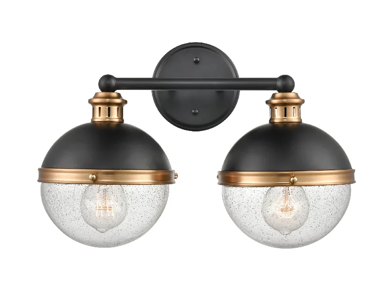 Industrial Task Lighting for Precision Workstations2 Lamps Ellmira Vanity Light - Matte Black / Aged Brass - Clear Seeded Glass - 15.5in. Wide Industrial Task Lighting for Precision Workstations2 Lamps Ellmira Vanity Light - Matte Black / Aged Brass - Clear Seeded Glass - 15.5in. Wide