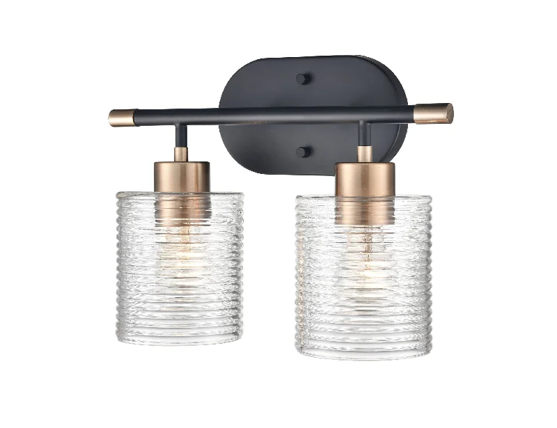 Industrial Area Lighting for Large Open Spaces2 Lamps Renitta Vanity Light - Matte Black / Modern Gold - Clear Ribbed Glass - 13.9in. Wide