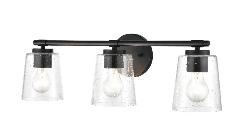 Industrial Lighting with High CRI (Color Rendering Index) for True Color Perception3 Lamps Bathroom Vanity Light - Matte Black - Clear Seeded Glass - 24.5in. Wide Industrial Lighting with High CRI (Color Rendering Index) for True Color Perception3 Lamps Bathroom Vanity Light - Matte Black - Clear Seeded Glass - 24.5in. Wide