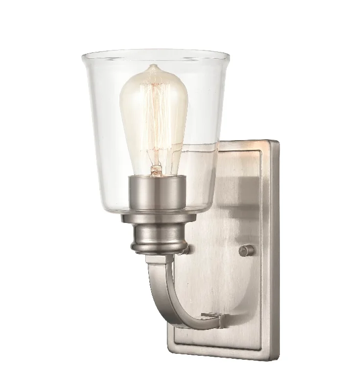 Adjustable Industrial Lighting for Flexible IlluminationForsyth Wall Sconce - Brushed Nickel - Clear Glass - 6.5in. Extension - E26 Medium Base Adjustable Industrial Lighting for Flexible IlluminationForsyth Wall Sconce - Brushed Nickel - Clear Glass - 6.5in. Extension - E26 Medium Base