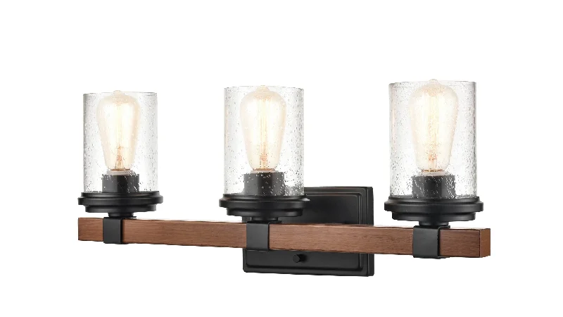 Color - Tunable Industrial Lighting for Special Applications3 Lamps Taos Vanity Light - Matte Black / Wood Grain - Clear Seeded Glass - 23in. Wide Color - Tunable Industrial Lighting for Special Applications3 Lamps Taos Vanity Light - Matte Black / Wood Grain - Clear Seeded Glass - 23in. Wide