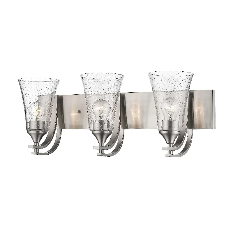 Industrial Lighting for Woodworking Factories3 Lamps Natalie Vanity Light - Satin Nickel - Clear Seeded Glass - 24in. Wide Industrial Lighting for Woodworking Factories3 Lamps Natalie Vanity Light - Satin Nickel - Clear Seeded Glass - 24in. Wide