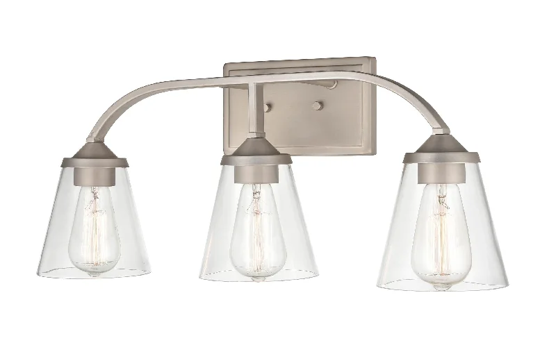 Corrosion - Resistant Industrial Lighting for Coastal Factories3 Lamps Josleen Vanity Light - Satin Nickel - Clear Glass - 23in. Wide Corrosion - Resistant Industrial Lighting for Coastal Factories3 Lamps Josleen Vanity Light - Satin Nickel - Clear Glass - 23in. Wide
