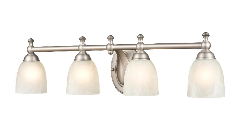 Industrial Emergency Lighting for Safety in Factories4 Lamps Bathroom Vanity Light - Satin Nickel - Faux Alabaster Glass - 30in. Wide Industrial Emergency Lighting for Safety in Factories4 Lamps Bathroom Vanity Light - Satin Nickel - Faux Alabaster Glass - 30in. Wide