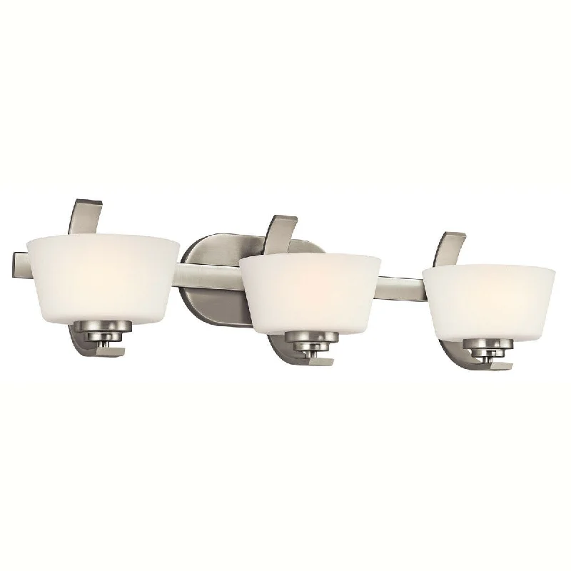 Aztec by Kichler Lighting 37933 Rise Collection Three Light Bath Vanity Wall Mount in Brushed Nickel Finish Aztec by Kichler Lighting 37933 Rise Collection Three Light Bath Vanity Wall Mount in Brushed Nickel Finish