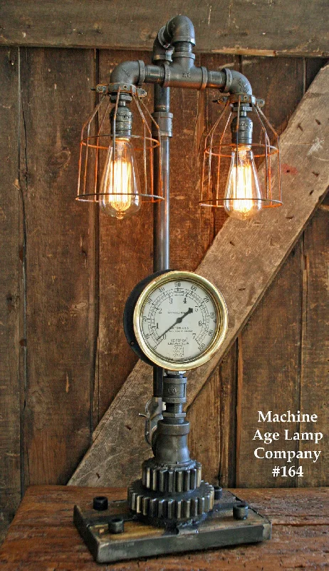 Industrial Lighting for Automotive Manufacturing PlantsSteampunk Lamp, Antique Barn Wood and Pressure Gauge - #164 Industrial Lighting for Automotive Manufacturing PlantsSteampunk Lamp, Antique Barn Wood and Pressure Gauge - #164