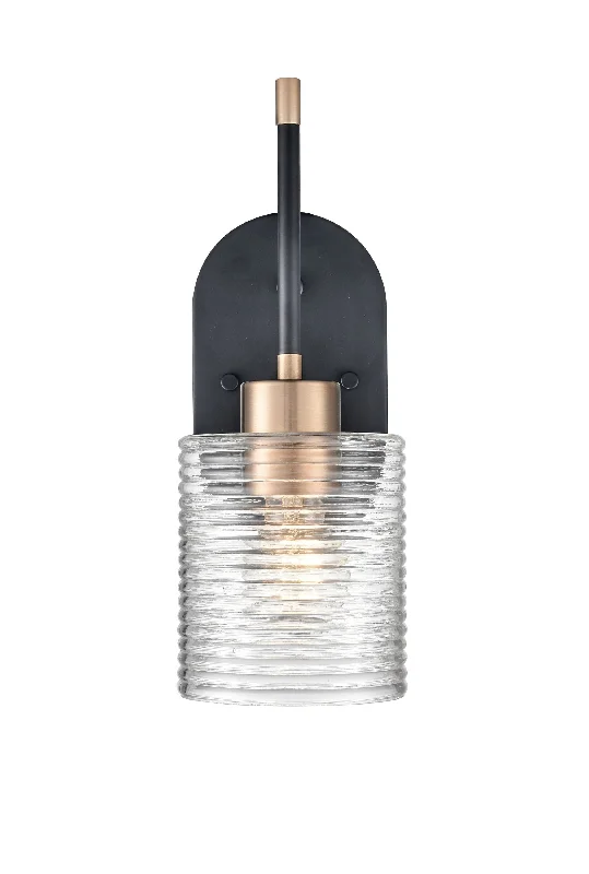 Industrial Lighting for Printing Press FacilitiesRenitta Wall Sconce - Matte Black / Modern Gold - Clear Ribbed Glass - 7.9in. Extension - E26 Medium Base Industrial Lighting for Printing Press FacilitiesRenitta Wall Sconce - Matte Black / Modern Gold - Clear Ribbed Glass - 7.9in. Extension - E26 Medium Base