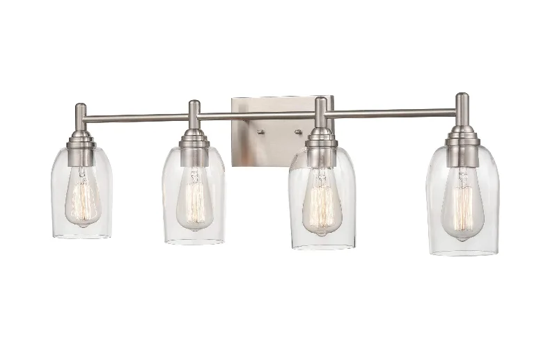 Industrial Lighting with High CRI (Color Rendering Index) for True Color Perception4 Lamps Arlett Vanity Light - Brushed Nickel - Clear Glass - 30.875in. Wide Industrial Lighting with High CRI (Color Rendering Index) for True Color Perception4 Lamps Arlett Vanity Light - Brushed Nickel - Clear Glass - 30.875in. Wide