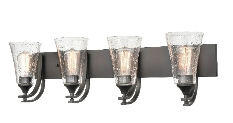 Industrial Lighting for Textile Mills4 Lamps Natalie Vanity Light - Matte Black - Clear Seeded Glass - 32in. Wide Industrial Lighting for Textile Mills4 Lamps Natalie Vanity Light - Matte Black - Clear Seeded Glass - 32in. Wide