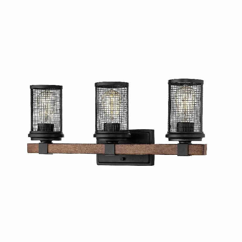 Shock - Resistant Industrial Lighting for Vibrating Machinery Areas3 Lamps Mesa Vanity Light - Matte Black / Wood Grain - Metal Wire Mesh - 22in. Wide Shock - Resistant Industrial Lighting for Vibrating Machinery Areas3 Lamps Mesa Vanity Light - Matte Black / Wood Grain - Metal Wire Mesh - 22in. Wide