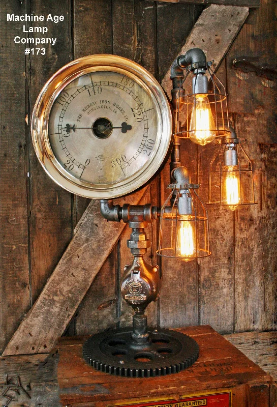 Industrial Lighting for Printing Press FacilitiesSteampunk Lamp, Antique 14" Steam Gauge and Gear Base #173 Industrial Lighting for Printing Press FacilitiesSteampunk Lamp, Antique 14" Steam Gauge and Gear Base #173