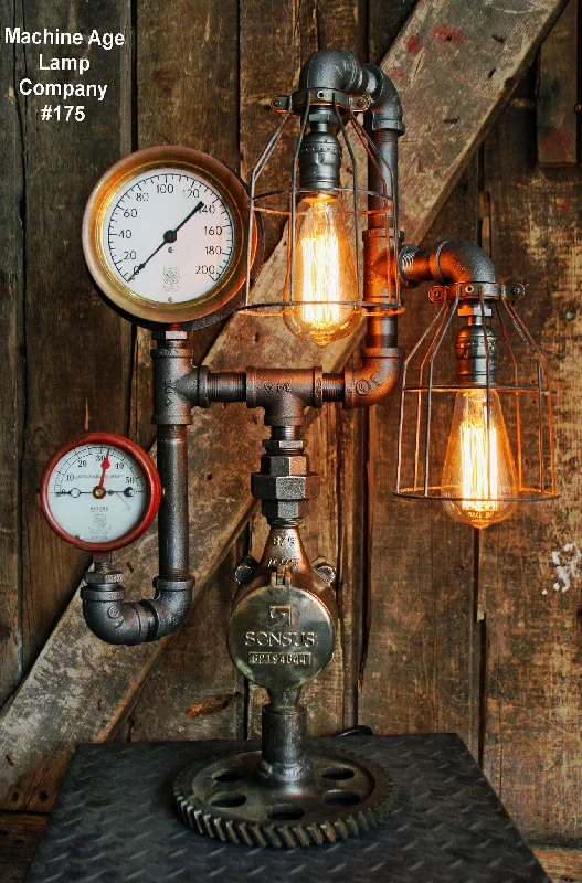 Industrial Lighting for Food Processing FactoriesSteampunk Lamp, Antique Steam Gauge and Gear Base #175 - SOLD Industrial Lighting for Food Processing FactoriesSteampunk Lamp, Antique Steam Gauge and Gear Base #175 - SOLD