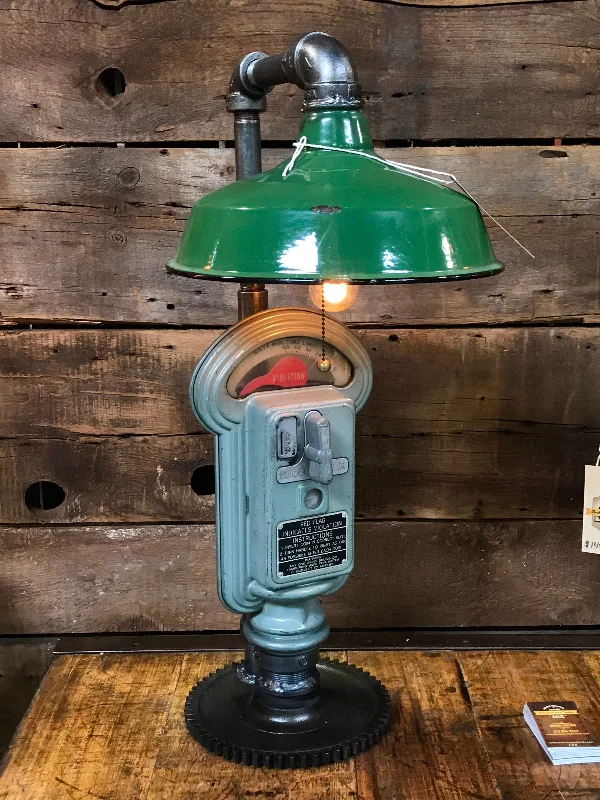 Industrial Lighting for Automotive Manufacturing PlantsSteampunk Industrial Gear Parking Meter Desk Lamp, Duncan Miller #1648 sold Industrial Lighting for Automotive Manufacturing PlantsSteampunk Industrial Gear Parking Meter Desk Lamp, Duncan Miller #1648 sold