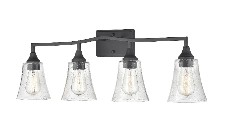 Industrial Emergency Lighting for Safety in Factories4 Lamps Caily Vanity Light - Matte Black - Clear Seeded Glass - 32.5in. Wide Industrial Emergency Lighting for Safety in Factories4 Lamps Caily Vanity Light - Matte Black - Clear Seeded Glass - 32.5in. Wide