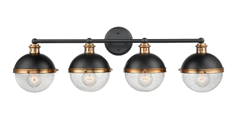 Industrial Lighting for Furniture Factories4 Lamps Ellmira Vanity Light - Matte Black / Aged Brass - Clear Seeded Glass - 33in. Wide Industrial Lighting for Furniture Factories4 Lamps Ellmira Vanity Light - Matte Black / Aged Brass - Clear Seeded Glass - 33in. Wide