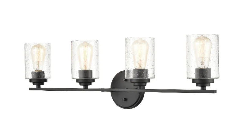 Industrial Lighting for Pharmaceutical Manufacturing4 Lamps Bathroom Vanity Light - Matte Black - Clear Seeded Glass - 31.125in. Wide Industrial Lighting for Pharmaceutical Manufacturing4 Lamps Bathroom Vanity Light - Matte Black - Clear Seeded Glass - 31.125in. Wide