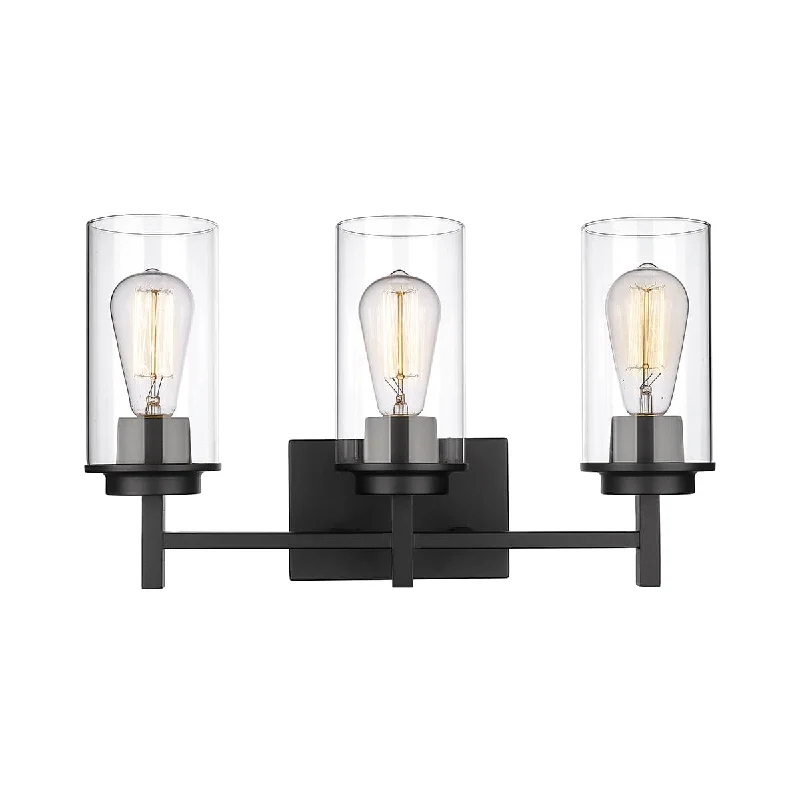 Dimmable Industrial Lighting for Ambiance Control3 Lamps Janna Vanity Light - Matte Black - Clear Glass - 19in. Wide Dimmable Industrial Lighting for Ambiance Control3 Lamps Janna Vanity Light - Matte Black - Clear Glass - 19in. Wide