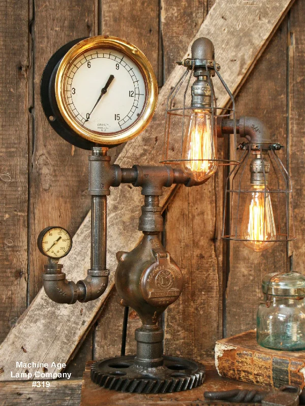 Industrial Lighting for Printing Press FacilitiesSteampunk Lamp, Antique 6" Steam Gauge and Gear Base #319 SOLD Industrial Lighting for Printing Press FacilitiesSteampunk Lamp, Antique 6" Steam Gauge and Gear Base #319 SOLD