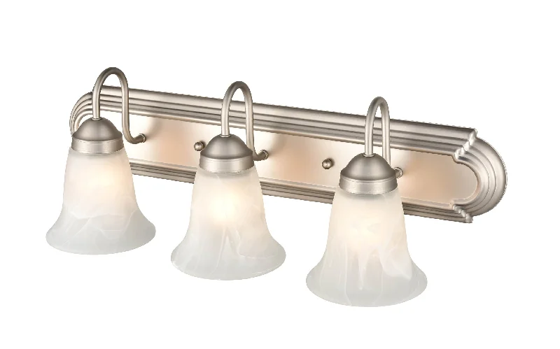 Industrial Exit Sign Lighting for Quick Evacuation3 Lamps Bathroom Vanity Light - Satin Nickel - Faux Alabaster Glass - 24in. Wide Industrial Exit Sign Lighting for Quick Evacuation3 Lamps Bathroom Vanity Light - Satin Nickel - Faux Alabaster Glass - 24in. Wide