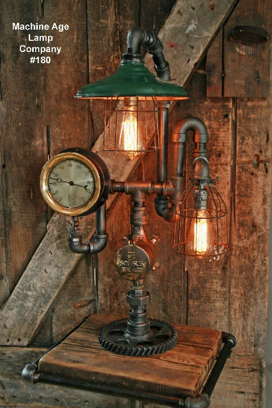 Dust - Resistant Industrial Lighting for Dirty WorkspacesSteampunk Lamp, Antique Steam Gauge and Service Station Shade #180 - SOLD Dust - Resistant Industrial Lighting for Dirty WorkspacesSteampunk Lamp, Antique Steam Gauge and Service Station Shade #180 - SOLD