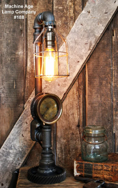 Industrial Lighting for Woodworking FactoriesSteampunk Lamp, Steam Gauge and Gear Base #188 - SOLD Industrial Lighting for Woodworking FactoriesSteampunk Lamp, Steam Gauge and Gear Base #188 - SOLD
