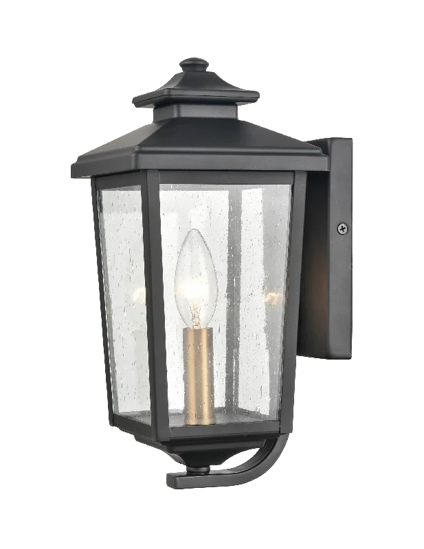 Industrial Lighting for Textile MillsEldrick Outdoor Wall Sconce - Powder Coat Black - Clear Seeded Glass - 6.875in. Extension - E12 Candelabra Base Industrial Lighting for Textile MillsEldrick Outdoor Wall Sconce - Powder Coat Black - Clear Seeded Glass - 6.875in. Extension - E12 Candelabra Base