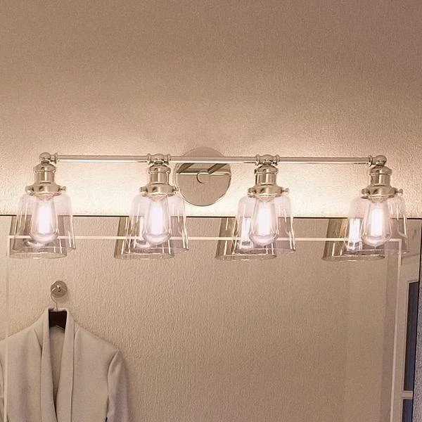 Energy - Efficient Industrial Lighting for Cost - SavingsUQL2682 Luxe Industrial Bathroom Vanity Light, 9"H x 31.5"W, Polished Nickel Finish, Philadelphia Collection Energy - Efficient Industrial Lighting for Cost - SavingsUQL2682 Luxe Industrial Bathroom Vanity Light, 9"H x 31.5"W, Polished Nickel Finish, Philadelphia Collection