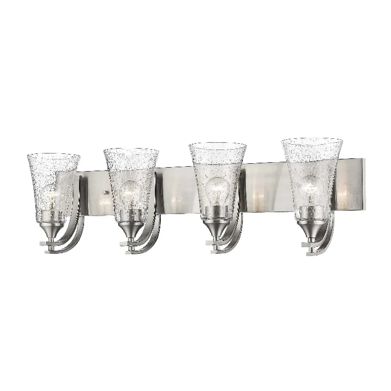 Low - Bay Industrial Lighting Fixtures for Small Factories4 Lamps Natalie Vanity Light - Satin Nickel - Clear Seeded Glass - 32in. Wide Low - Bay Industrial Lighting Fixtures for Small Factories4 Lamps Natalie Vanity Light - Satin Nickel - Clear Seeded Glass - 32in. Wide