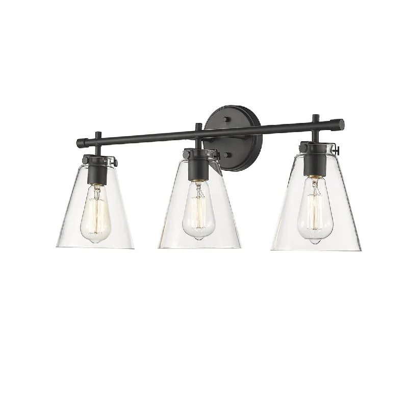 Industrial Lighting for Woodworking Factories3 Lamps Aliza Vanity Light - Matte Black - Clear Glass - 26in. Wide Industrial Lighting for Woodworking Factories3 Lamps Aliza Vanity Light - Matte Black - Clear Glass - 26in. Wide