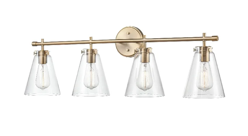Industrial Lighting for Metal Fabrication Shops4 Lamps Aliza Vanity Light - Modern Gold - Clear Glass - 35in. Wide Industrial Lighting for Metal Fabrication Shops4 Lamps Aliza Vanity Light - Modern Gold - Clear Glass - 35in. Wide