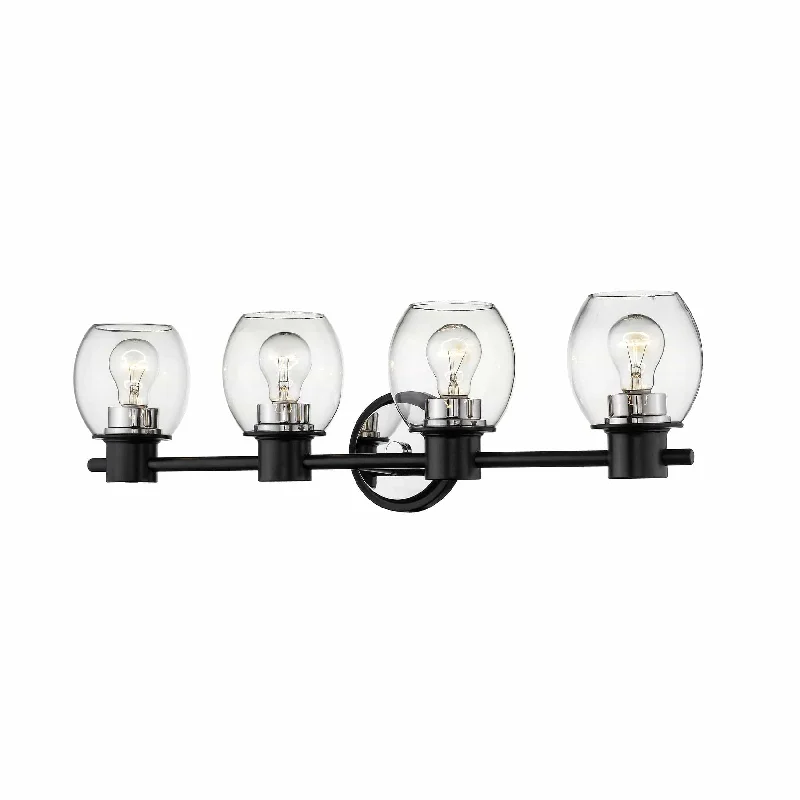 Industrial Lighting for Pharmaceutical Manufacturing4 Lamps Bathroom Vanity Light - Matte Black / Polished Nickel - Clear Glass - 32in. Wide Industrial Lighting for Pharmaceutical Manufacturing4 Lamps Bathroom Vanity Light - Matte Black / Polished Nickel - Clear Glass - 32in. Wide