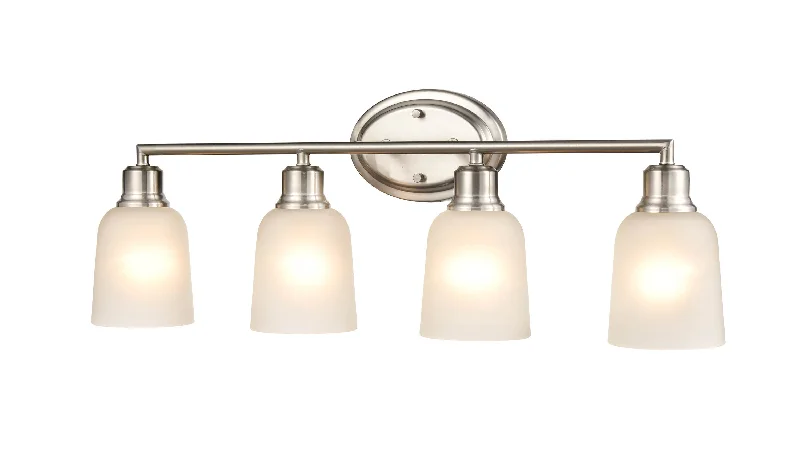 Industrial Pendant Lighting for Machine Shops4 Lamps Amberle Vanity Light - Brushed Nickel - Frosted White Glass - 28in. Wide Industrial Pendant Lighting for Machine Shops4 Lamps Amberle Vanity Light - Brushed Nickel - Frosted White Glass - 28in. Wide