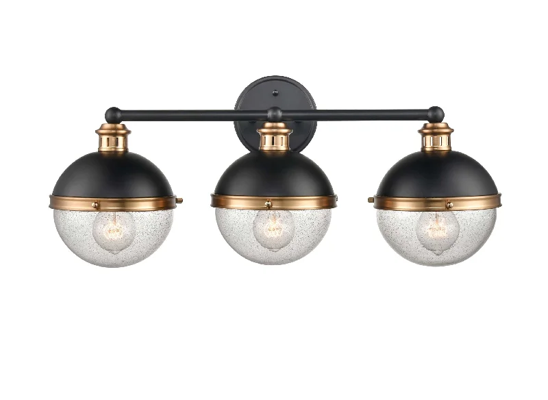 Corrosion - Resistant Industrial Lighting for Coastal Factories3 Lamps Ellmira Vanity Light - Matte Black / Aged Brass - Clear Seeded Glass - 23.75in. Wide Corrosion - Resistant Industrial Lighting for Coastal Factories3 Lamps Ellmira Vanity Light - Matte Black / Aged Brass - Clear Seeded Glass - 23.75in. Wide