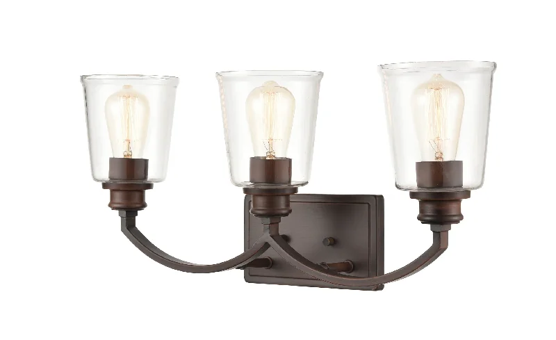 Industrial Lighting for Furniture Factories3 Lamps Forsyth Vanity Light - Rubbed Bronze - Clear Glass - 23in. Wide Industrial Lighting for Furniture Factories3 Lamps Forsyth Vanity Light - Rubbed Bronze - Clear Glass - 23in. Wide