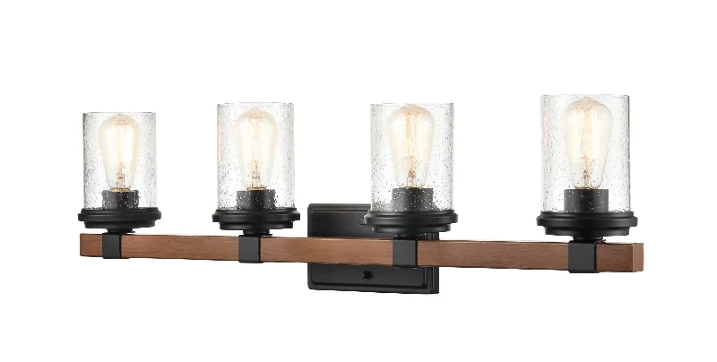 Industrial Ceiling - Mounted Lighting for Assembly Plants4 Lamps Taos Vanity Light - Matte Black / Wood Grain - Clear Seeded Glass - 32in. Wide Industrial Ceiling - Mounted Lighting for Assembly Plants4 Lamps Taos Vanity Light - Matte Black / Wood Grain - Clear Seeded Glass - 32in. Wide