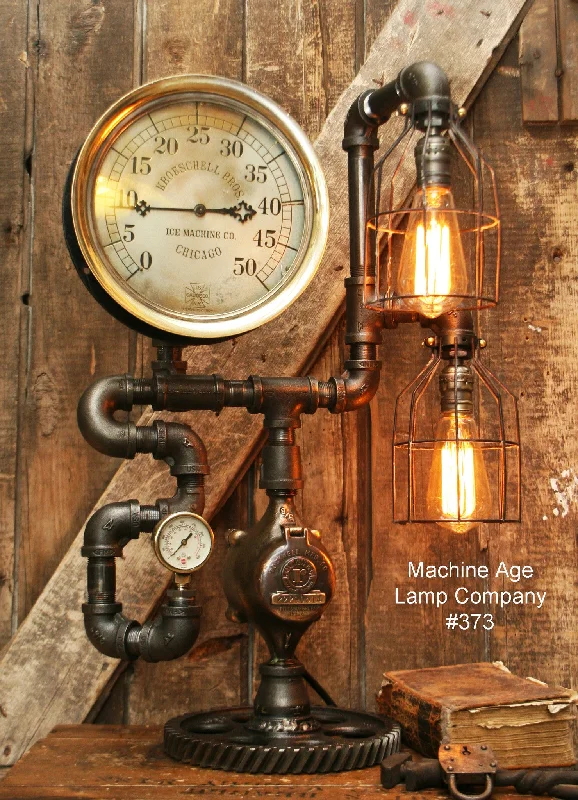 Industrial Lighting with High CRI (Color Rendering Index) for True Color PerceptionSteampunk Lamp, Antique 10" Steam Gauge and Gear Base #373 - SOLD Industrial Lighting with High CRI (Color Rendering Index) for True Color PerceptionSteampunk Lamp, Antique 10" Steam Gauge and Gear Base #373 - SOLD