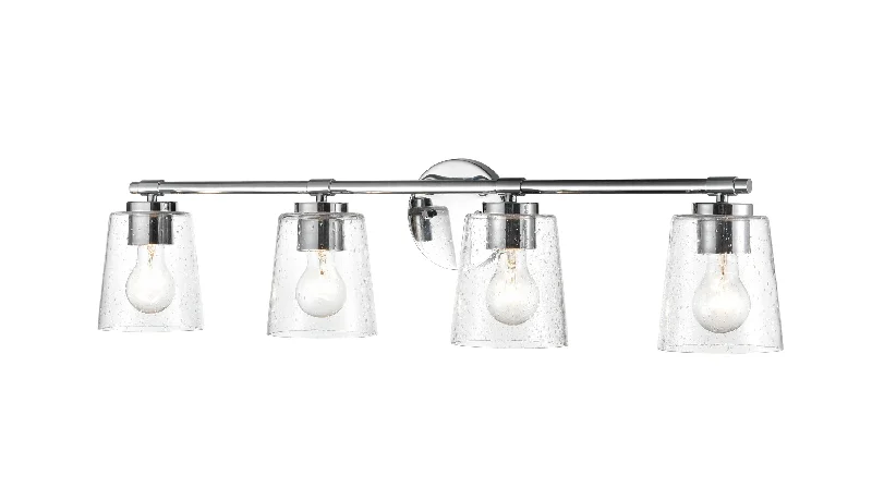Waterproof Industrial Lighting for Wet Areas4 Lamps Bathroom Vanity Light - Chrome - Clear Seeded Glass - 34in. Wide Waterproof Industrial Lighting for Wet Areas4 Lamps Bathroom Vanity Light - Chrome - Clear Seeded Glass - 34in. Wide