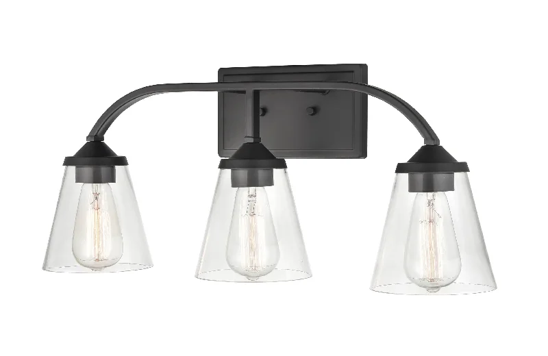 Industrial Pendant Lighting for Machine Shops3 Lamps Josleen Vanity Light - Matte Black - Clear Glass - 23in. Wide Industrial Pendant Lighting for Machine Shops3 Lamps Josleen Vanity Light - Matte Black - Clear Glass - 23in. Wide